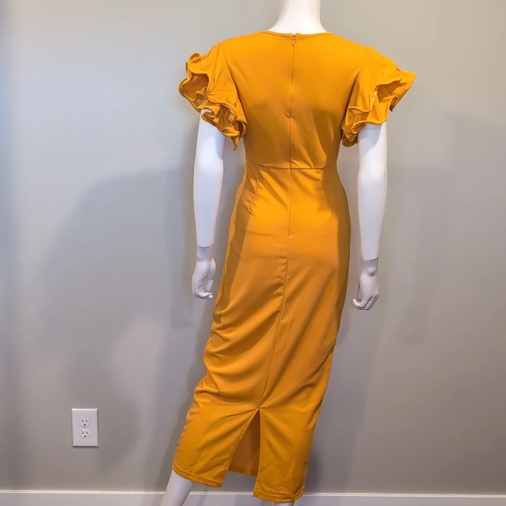SHEIN Golden Yellow Volume Sleeve V Neck Cut Out Front Slit Back Midi Dress S